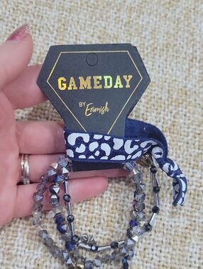 Erimish Navy & Silver Beaded Bracelet Set with Patterned Fabric Tie